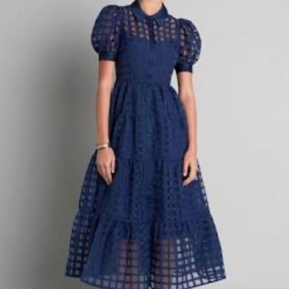 English Factory Windowpane Dress in Navy